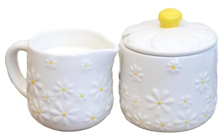 Darthome White Daisy Milk Jug & Sugar Bowl Set Ceramic Flower Afternoon Tea Cream Pourer Serving Pots