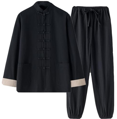 Lino in Cotone Tradizionale Camicie da Gocce Tang Cinese Pantaloni per Uomo Abiti Kung Fu Vestito Tai Chi Marziale Costume d'Arte(Size:190/4XL,Color:A)