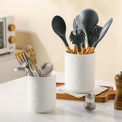 Ganwu Küchenutensilien Halter Set von 2, Keramik Rock Textur Aufbewahrung Container, Arbeitsplatte Organizer für Besteck, Kochlöfel, Geschirrhalter für Küche Zähler Aufbewahrung (Weiß)