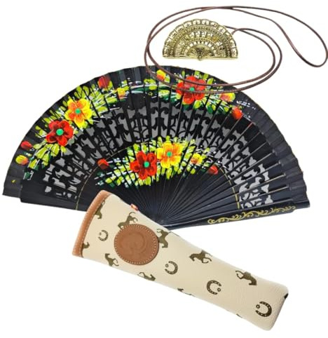 Abanico Plegable de Madera con Flores Pintadadas a Mano con Funda y Cuelga Abanicos. Funda de Lona con Crermallera y Cuelga Abanico Metálico (Eclipse Floral)