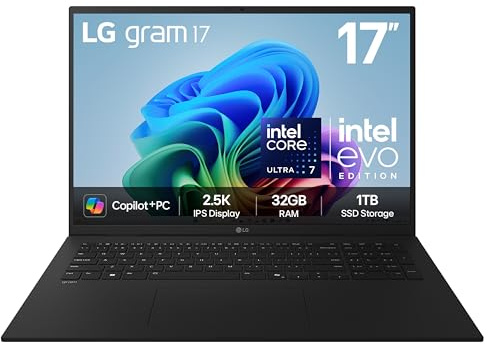 LG gram 17Z90TL - 17 Inch 2.5K IPS Ultra-Lightweight Laptop, Intel Core Ultra 7 258V 47TOPS NPU - EVO Edition, 32GB RAM, 1TB SSD, Windows 11 Home, gram Hybrid AI, Copilot+ PC, Black (2025)