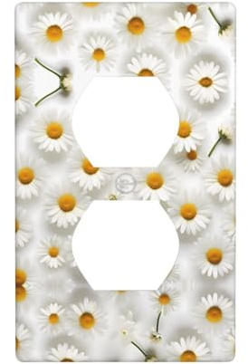 Phayah Placa de pared doble con patrón de margaritas blancas, tamaño estándar, policarbonato, termoplástico, doble enchufe