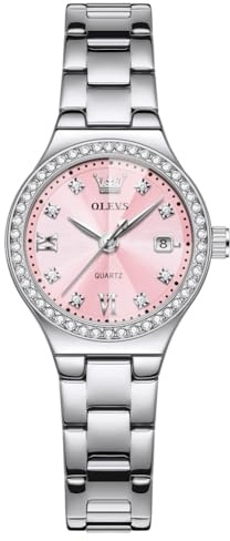 OLEVS Watch Women Pink Face Silver Watches for Women Dress Diamond Womens Watch Stainless Steel Waterproof Luminous Ladies Watches for Small Wrist Analog Quartz Date Luxury Reloj para Mujer