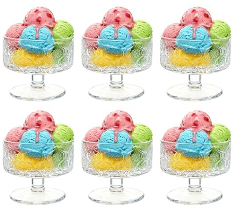 KIXINY Gläser Set 6 Eisbecher, 180 ml Dessertschalen aus Glas, transparente Eisschalen, Dessertschalen aus Glas mit Retro-Sonnenblumenprägung und Fuß