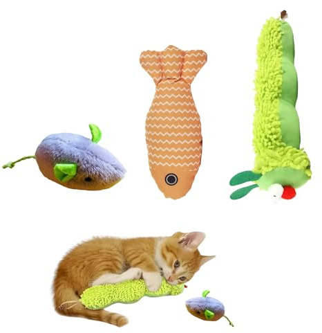 ZWWOGE Ensemble De 3 Jouets Interactifs À l'herbe À Chat pour Chats D'Intérieur, Jouet Lapin Chatons Adultes, Résistant Aux Morsures, Chenille en Peluche, Poisson Factice Souris Jouets Au Hasard