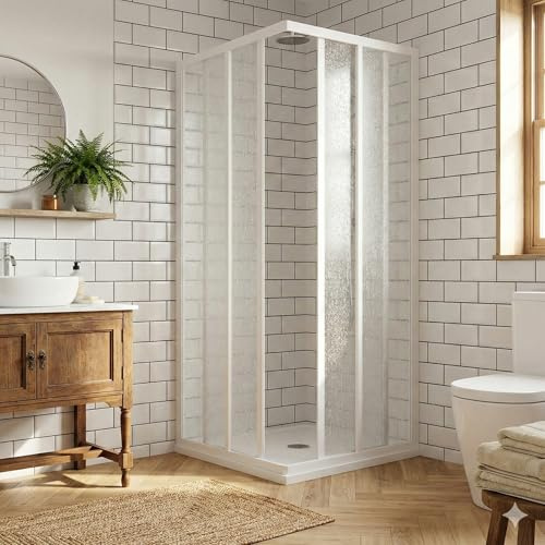 Box Doccia Camelia Telaio PVC Bianco, Pannelli Acrilico 1.5mm Effetto Goccia, Ante Scorrevoli, Apertura Angolare, Chiusura Magnetica, Regolabile, Installazione Facile, Reversibile (80x80 cm)