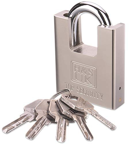 H&S Lucchetto ad Alta Sicurezza Antiscasso - Lucchetto da 60 mm e 5 Chiavi - Per Cancello, Serranda Esterni ed Interni - Catenaccio Corazzato Grande per Catena e Bici