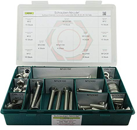 Set Senkkopfschrauben DIN 7991 M12 Edelstahl A2 ISO 10642 Muttern Scheiben | Sortiment M12 Senkschrauben Innensechskant Schrauben, Unterlegscheiben DIN 125, 127, 9021 Muttern DIN 934, 985 - 103 Teile