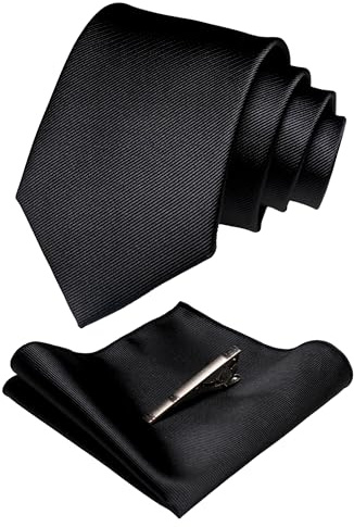 JEMYGINS Black Formal Necktie and Pocket Square, Hankerchief and Tie Bar Clip Sets for Men