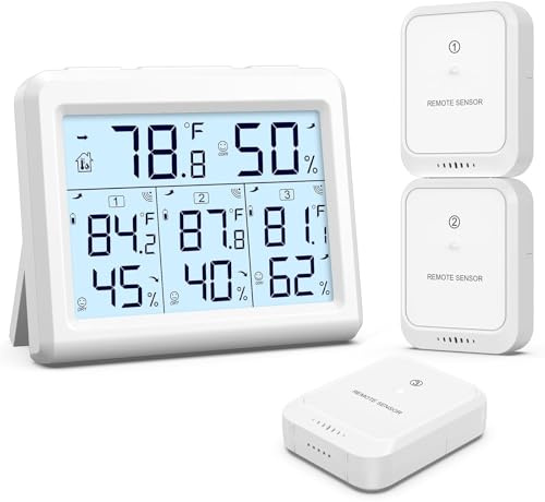 Brifit Thermomètre Hygromètre Numérique sans Fil avec 3 Capteurs, Thermomètre Connecté, Écran LCD, Enregistrement Min/Max, Commutateur ℃/℉, Thermomètre Intérieur et Extérieur pour Maison, Bureau-Blanc