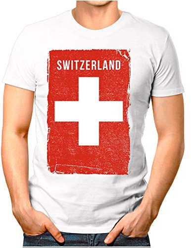 OM3® - Switzerland-flagga-vintage - T-shirt för män | Suisse Schweiz flagga fotboll fanshirt sport tröja | S – 4XL, Vit, L