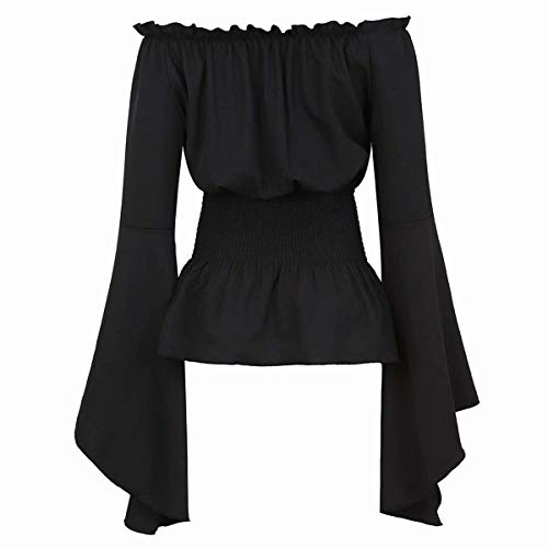 Dam renässans toppar Medeltida lång ärm utanför axeln pirat skjorta gotisk bonde blus smockad Boho svart 5XL