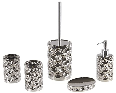 Elegantes Badezimmer-Zubehör 5-teilig aus Keramik in Silber Tirua