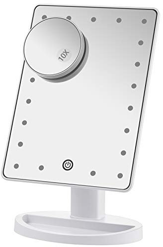 Miroir de Maquillage avec Lumières, Miroirs de Table, Voyage & de Courtoisie à 21 Lumières LED et écran Tactile avec détail 10x, Rotation Libre à 180 °, Double Alimentation