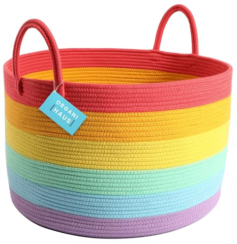 OrganiHaus Wäschekorb Kinderzimmer, Spielzeugkorb, Großer Geflochtener korb Mit Griff, Faltbar & Stabiler, Aufbewahrungskorb Kinder Für Decken, Spielzeug & Kleidung, Regenbogen Design - 50x33cm