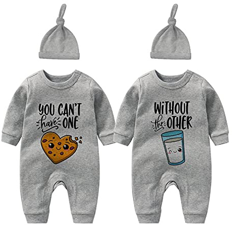 culbutomind Baby Zwillinges Stramplers Love Milk Baby Body Fun Langarm Geschenk Für Geburt Baby Jungen Mädchen Zwillinge Babybekleidung Mit Hut(grau 3m)