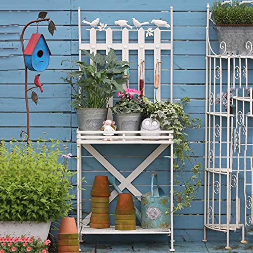 YYUN Table de Plantation de Jardin en Métal, Support de Plante D'extérieur avec 5 Crochets, Décoration D'oiseau de Support de Rangement de Jardin Rétro sur Pied à 2 Niveaux, 60 X 41 X 150 Cm