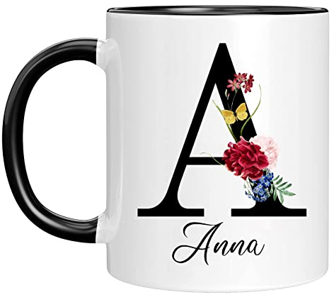 Naispanda Tasse Personnalisé de nom avec Motif Fleurs Votre Première Lettre et à Café Anniversaire Personnalisée Imprimée des Deux Côtés Cadeau Personnalisable Mug pour Femme