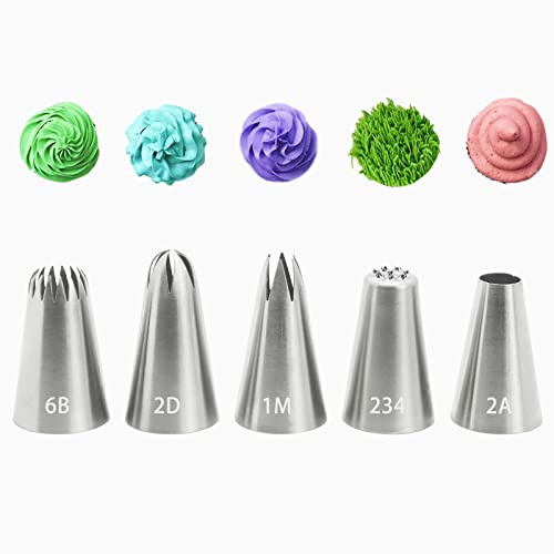 5 Pieces Piping Nozzles, Stainless Steel Icing Nozzles Large Piping Tips Cake Piping Nozzle for Cupcake Cookie Cream Decoration (1M 2A 2D 6B 234