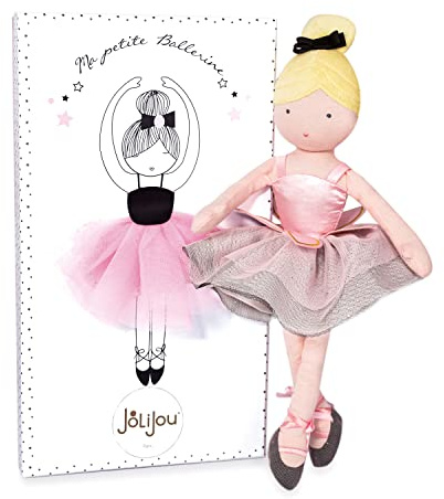 Jolijou - Ma Petite Ballerine - Poupée en Tissu Danseuse - Margot - Boite Cadeau - 35 Cm - Tutu Rose et Noir, Chaussons de Danse, Noeud et Justaucorps - Idée Cadeau de Naissance Fille - JJ6037