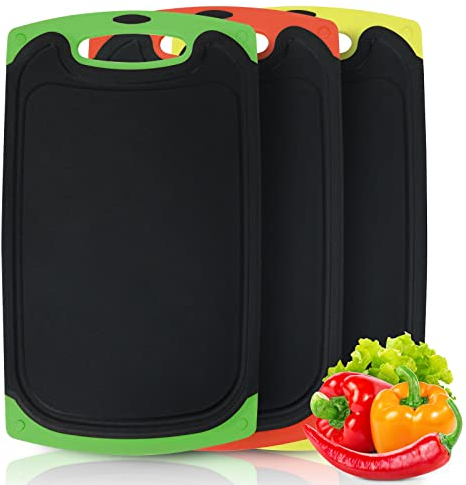 Chopping Board Set, 3 Pcs BPA Free Plastic Cutting Boards for Kitchens Black with Non Slip Feet & Juice Groove & Hanging Hole Storage, Large Thick Chopping Boards for Cutting Meet/Vegetables/Bread
