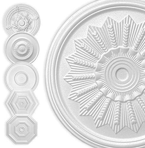 HEXIM Stuckrosette Styropor EPS weiß, Deckenrosette rund & eckig, Innendekor für Decke & Wand, Stuckrosette Lampe Wanddekoration Schlafzimme, Barock (40x40 cm Sonne)