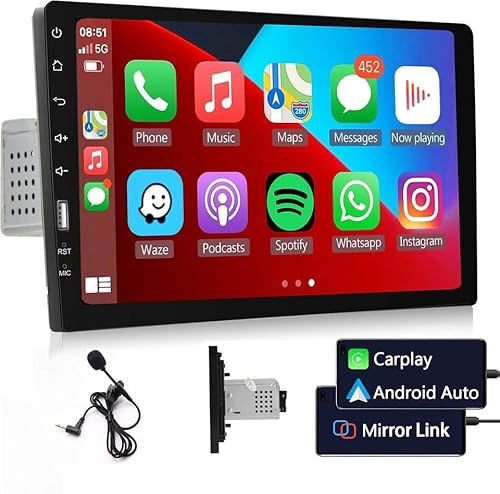 Hikity 1 DIN FM Am Radio de Coche Carplay, 9 Pulgadas Pantalla Táctil Bluetooth Manos Libres Autoradio con Android Auto, Control por Voz, SWC, Mirror Link, Cámara Trasera