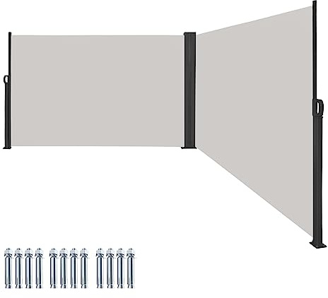 VA-Cerulean Seitenmarkise Doppel ausziehbar, Sichtschutz Balkon, Sonnenschutz UV-Beständig, Einstellbar Breite Windschutz Terrasse für Zaun Garten, 2 x 6m Hellgrau, (HAG8390G)-GW-LUK