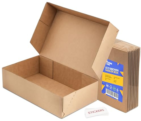 Packaging Hero 12 x 8 x 4 Corrugated Cardboard Mailing Boxes, shipping boxes, gift boxes, e-commerce boxes with free clear round stickers (Pack of 9)