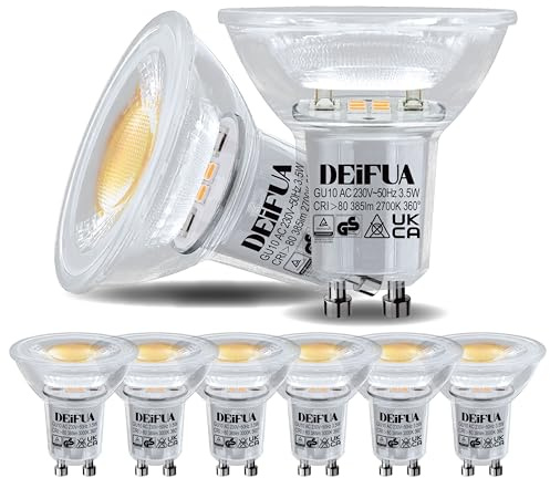 DEIFUA GU10 3.5W LED Warmweiss 2700K 385lm Lampe, Ersetzt 50W Halogen | Flimmerfrei Strahler, Abstrahlwinkel 360° Birnen, 38° Spot, 6er-Pack, Nicht Dimmbar, 230V AC Eingang, IP44-Abdeckung