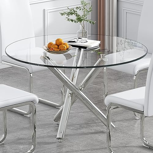 Round Glass Dining Room Table for 4 to 6 Person Modern Tempered Glass Top, Sturdy Chrome Legs, Adjustable Foot Pads, Kitchen Table for Living Room, Dining Room, Tea, Home, 47.24 Inch, Silver Base