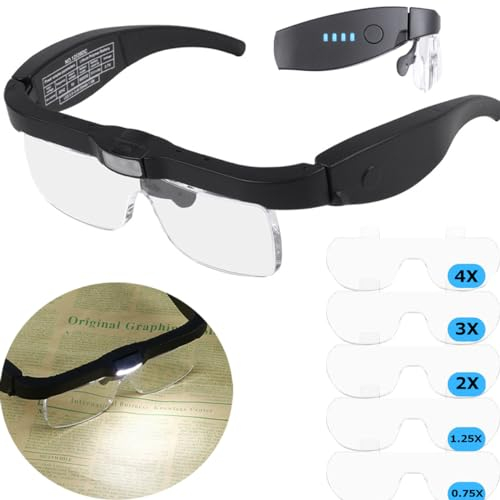 Lupe mit Licht USB Aufladbar 4X 3X 2X 1.25x 0.75x, Led Kopflupe für BrillenträGer mit Band, Lupenbrille Uhrmacherlupe Hände Frei, Leselupe für Senioren Groß, Lupen Brillenlupe