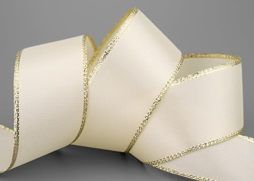 50 m x 40 mm Taftband mit Goldkante CREME GOLD ohne Draht Taft Dekoband Schleifenband Weihnachten Geschenkband Dekorieren Winter Lurex Glanz Stoffband Metallic
