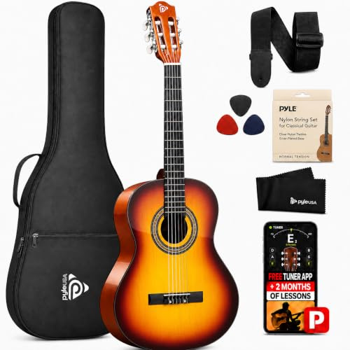 Pyle Beginner Acoustic Guitar Kit, 4/4 Full Size All Wood Instrument with Full Accessory Kit, Picks, Shoulder Strap, Carry Case, Cleaning Cloth, Tuner App, 2 Month Lessons, 39” (Brown Burst, Gloss)