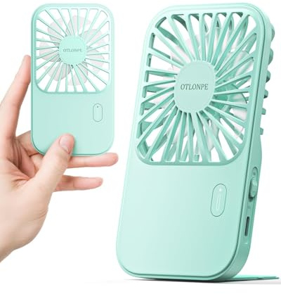Otlonpe Rechargeable Mini Portable Handheld Fan, Small Personal Battery Powered Handheld Portable Fans for Hand Held Desktop Travel, Foldable Stand, Slim Cordless, Wrist Strap, 3-Speed (Teal)