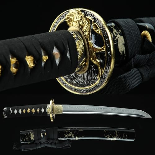 BAYCANTO Tanto Sword Handmade Full Tang Clay Tempered T10 Steel Short Japanese Katana Real Hamon Samurai kendo Dull Treasure Wakizashi Red Black Blue Green Sword (brown) (black)