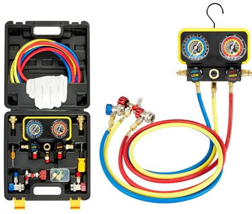 Pindex Puente manómetro 2 vías para refrigerante R1234YF R134A R404A, Manómetro Aire Acondicionado con 3 Mangueras de 1,5 M, para Recarga de Aire Acondicionado Coche