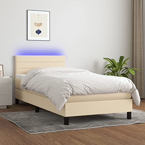 CKioict Modern Doppelbett Einzelbett Jugendbett Boxspringbett mit Matratze & LED Creme 100x200 cm StoffGeeignet für Schlafzimmer, Arbeitszimmer, Wohnzimmer