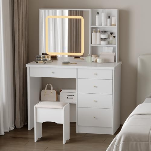 PREMTURE Dressing Table & Stool Set with 3 Colours LED Lights Mirror, Vanity Desk Set with Large Storage Space, 100W x 50D x 135H cm Makeup Table with 5 Drawers for Bedroom Furniture (White)