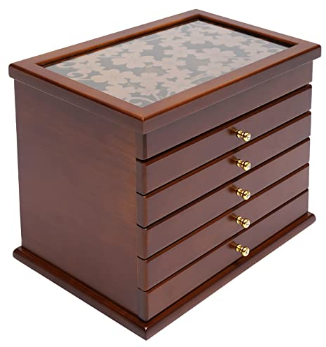 Konfiur Schmuckkästen, 6-Lagen Schmuckkoffer, Holz Schmuckkästchen mit Schublade, Große Kapazität Aufbewahrungsbox Organizer für alle Arten von Schmuck, 31x20x24.5 cm Braun