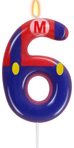 Blue Red 6 Birthday Candle for Boys Girls - Birthday Cake Decorations, Number 6 Cake Topper, Cartoon Game Themed Party Decor