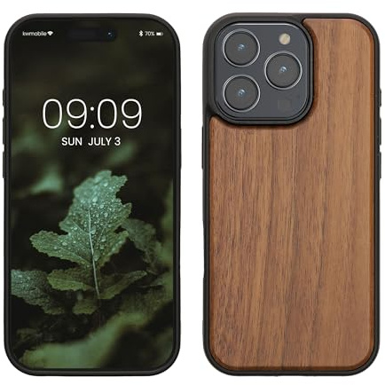kwmobile Handyhülle für Apple iPhone 16 Pro Hülle Holz - Case mit TPU Bumper - Stoßfestes Hardcase - Schutzhülle Cover in Dunkelbraun