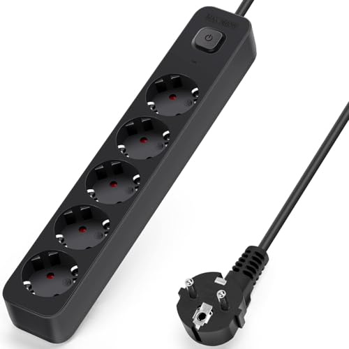Multiprise Allemande série L 5 Voies avec Interrupteur 1,5 m, 3G, 1,5 mm², Noire