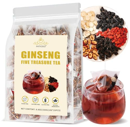Ginseng Five Treasures Tea - Kidney Tea Wubao Tea, Kidney Cleanse Tea Ginseng Six Treasures Tea, Ginseng Red Date Natural Chinese Herbal Tea Bags for Men Women(250g/10g x25pcs)