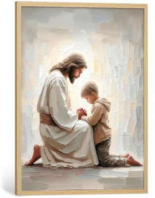Jesus und Junge Wandkunst, religiöse Wanddekoration, christliche Kunst, Bilder von Jesus, Kinderposter, Gelassenheit, Gebet, Raumdekoration, Bibelversen, Gemälde für Wohnzimmer, Boho-Leinwanddruck