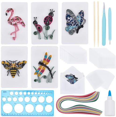 WEBEEDY 20 Sets Papier Quilling Kit für Erwachsene DIY Tiere Themen Grußkarte Making Kit mit Anleitung 5 Styles Tier Bienen, Schmetterlinge, Flamingos, Käfer, Libellen Karten