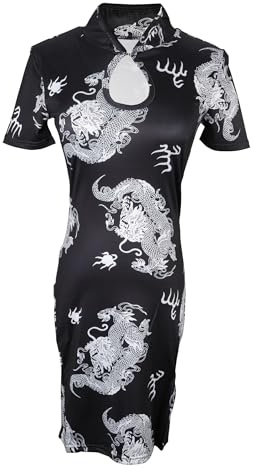 Chinese Cheongsam Shirt Short Sleeve Dress Women Sexy Prom Dress Traditional Side Slit Palace Slim Fit Dragon Halter Neck Bodycon Dress Halloween Costume (UK, Alpha, L, Regular, Regular, Black)