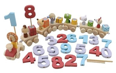 Woodily Wooden Toys - Tren de cumpleaños de tren de madera, juguetes a partir del 1-99 años, velas de cumpleaños para niños y niñas, plato de cumpleaños, corona de cumpleaños, anillo de cumpleaños,