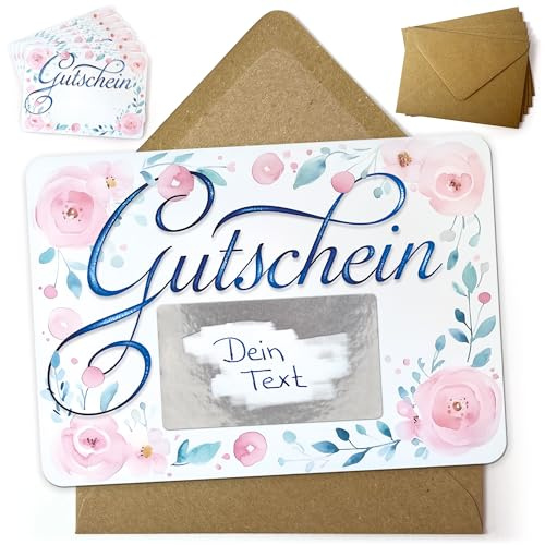 beriluDesign 6 Gutscheinkarten zum selber ausfüllen - Gutschein Set mit Umschlägen & Rubbelaufkleber - Rubbelkarten als Geschenk für jeden Anlass