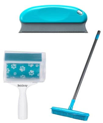 Beldray Pet Plus Set – Gel Lint Roller with Squeegee Edge, Rubber Bristle Sweeping Brush, Push Broom with Extendable Handle, Furresh Hair Removal Blade, Antibacterial Protected, Cat/Dog Hair